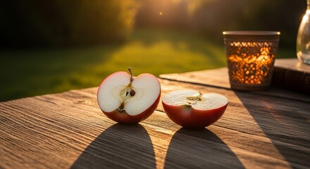 Sliced Red Apple on Wooden Table Outdoors Sunny Day
