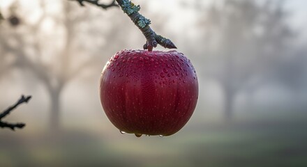 Dark Red Apple on Wooden Surface with Branch