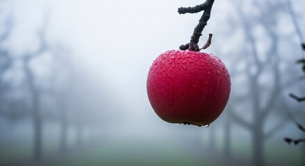 Single Red Apple with Water Droplets Hanging from Branch