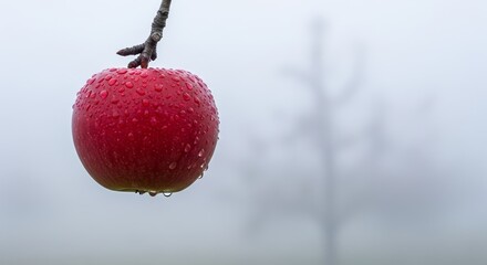 Red Apple with Dew Drops on Branch Foggy Morning