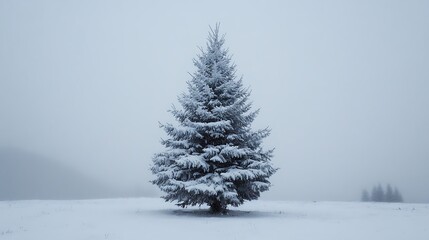 Solitary snow-covered fir tree in a winter landscape.