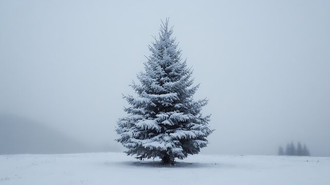 Solitary snow-covered fir tree in a winter landscape.