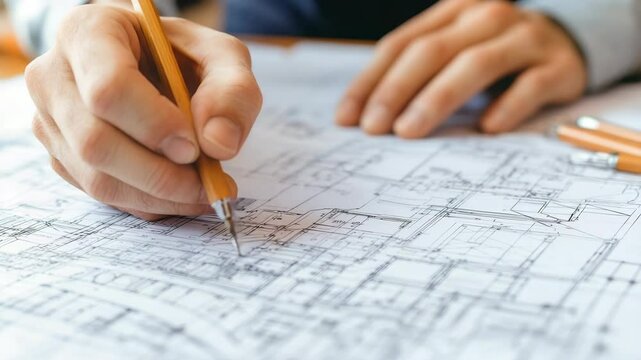 Hands working on architectural drawings and site planning for construction projects.
