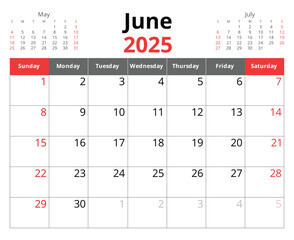 2026 june calendar. A vector English monthly calendars. Design Sunday start