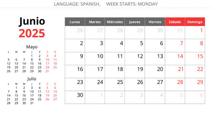 2025 Spanish june calendar - month junio. Vector illustrations for summer month Spain