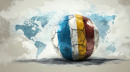 Worn soccer ball with world map background.