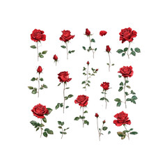 Collection of Red Roses in Various Stages of Bloom - Botanical Illustration