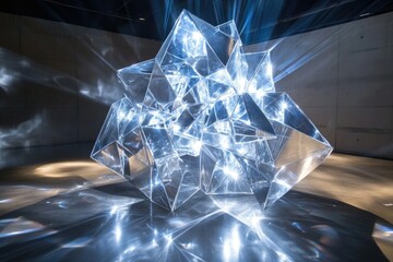 A shiny, multifaceted geometric sculpture refracts light and casts intriguing shadows on a modern concrete floor and wall surface.