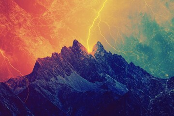 Striking mountain peaks illuminated by a powerful lightning storm under a vibrant, textured sky of red, yellow and blue.