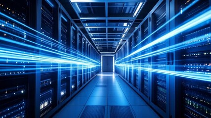 Futuristic data center with server racks and glowing light trails in perspective view - Powered by Adobe
