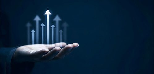 Business growth concept, businessman show growing market chart, economy trend, finance and investment, business strategy and planning. stock market.