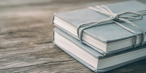 Two neatly stacked hardcover notebooks bound with twine rest on a wooden surface. Concept: simplicity, organization, writing, stationery