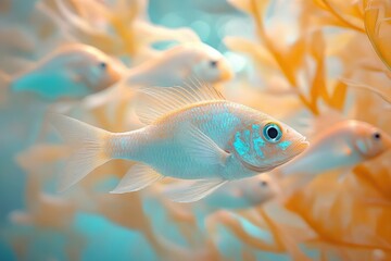 A school of ethereal fish swims in a tranquil, turquoise and orange sea, exuding a dreamlike, otherworldly beauty.