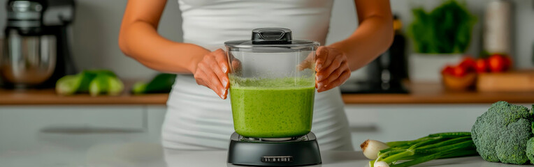 Woman preparing fresh green smoothie using blender in modern kitchen
