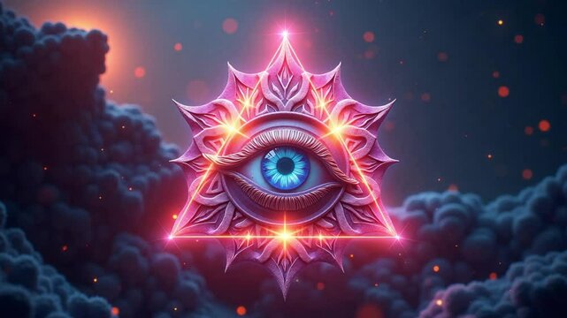 10-second seamless loop animation of an all-seeing third eye inside a floating glowing triangle. Psychedelic neon aura pulses around sacred geometry with fractal background. Perfect for spiritual, mys
