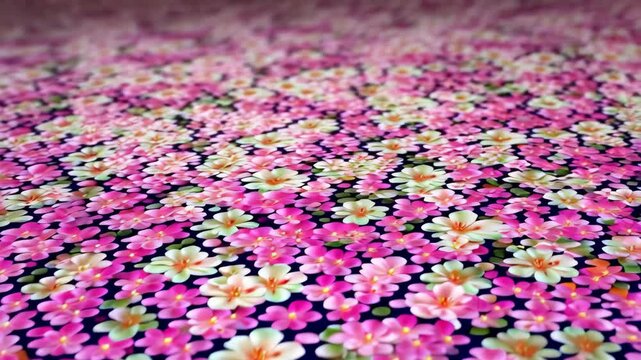 Pink and white flower field pattern on dark background, tiny flowers, seamless texture, floral design element, spring theme