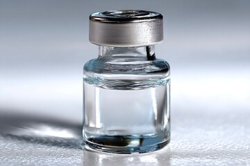 Medical glass vial filled with clear liquid stands on reflective surface