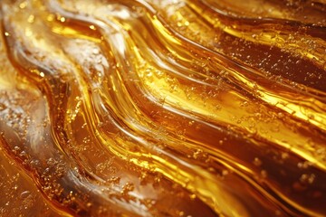 A textured close-up showing golden syrup waves glistening with tiny bubbles, creating a fluid and luxurious visual texture.