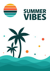 Minimalist blue and orange summer beach design with palm tree and waves.