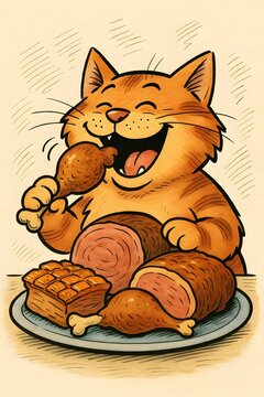 A happy cat eating a feast with a variety of roast meat