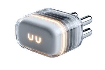 A sleek modern power adapter with glowing indicators and metallic prongs