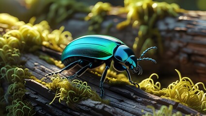 Realistic beetle crawling on a moss-covered log with rich texture and natural light shadows 4