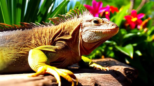 Close-up of a detailed iguana with spiky scales and neck dewlap resting near vibrant pink flowers in a garden setting