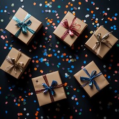 Wrapped gifts scattered on a dark surface.