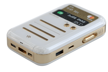 A sleek modern electronic device with gold accents and a card reader feature