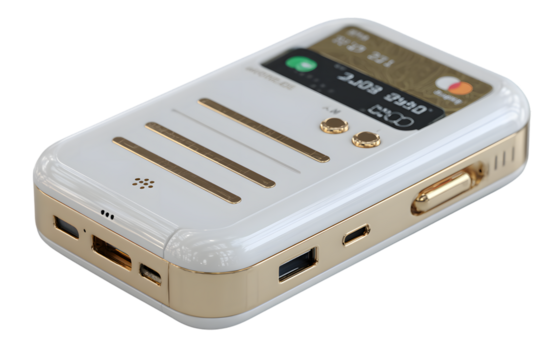 A sleek modern electronic device with gold accents and a card reader feature