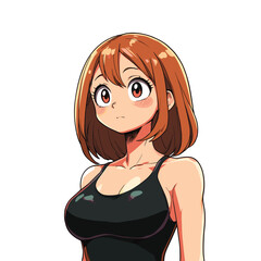 Brunette teen anime girl in a black dress with a beautiful smile