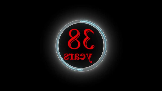 38 Years, 3D Rendering. Glow Alphabet Number in sphere ,38 Years Text Animation Effects Anniversary Digital neon Circle black Background.