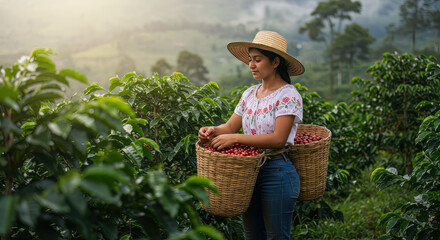 A peasant woman picking coffee from her farm
