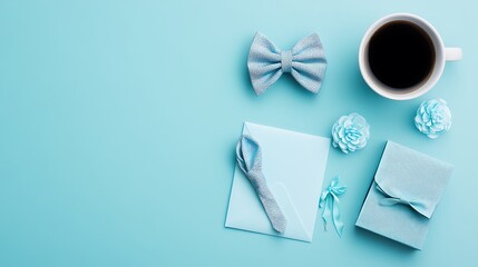 Light blue gift items and accessories arranged on a light blue surface.