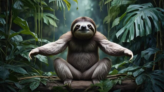 A slow loris sitting on a branch in the rainforest, facing the viewer with an innocent gaze.