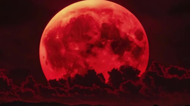 Nighttime view of a red moon setting behind clouds, with the horizon visible at the bottom.