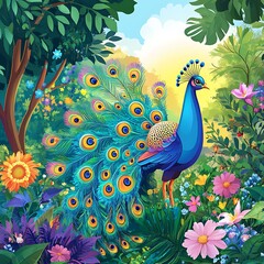 Vibrant peacock amidst a colorful floral garden.