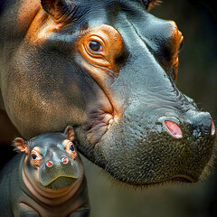 Mother hippopotamus and her calf in a serene habitat, displaying their close bond and nurturing relationship within a lush environment during a mild afternoon