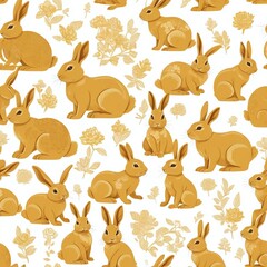 Golden Rabbits and Flowers Seamless Pattern Charming Spring Illustration