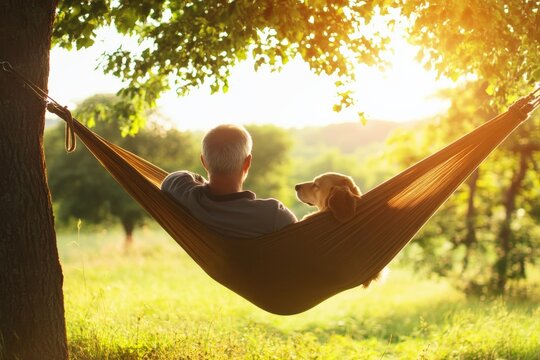 Senior man relaxing in hammock with dog at sunset - Powered by Adobe
