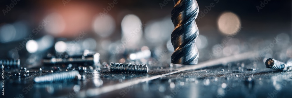 Fototapete drill and screws positioned on a steel sheet with a blurred background in a workshop setting