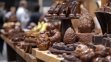 Assorted chocolate creations displayed on a wooden table.