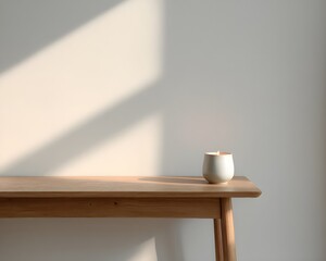 A white candle in a ceramic holder sits on a light wood table near a window. Warm sunlight casts soft shadows. Minimalist, peaceful, realistic. Ideal for content on meditation or simple living.