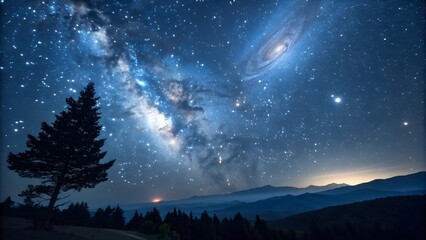 A scenic view of a pine tree silhouette against a starry night sky with the milky way galaxy above