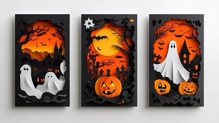 Halloween scene with paper cutouts of ghosts and pumpkins.