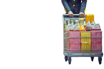 Flight Attendant Serving Refreshments on a Beverage Cart