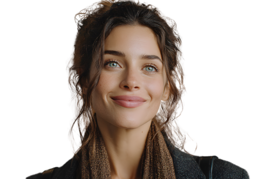 A smiling individual with a warm expression wearing a scarf and jacket perfect for fashion l