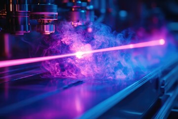 Industrial laser cutting machine in operation, emitting light and smoke, showing advanced manufacturing and technology in futuristic colors.