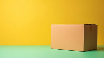 A cardboard box of food sits on a green-yellow background.  Safe, contactless delivery is shown, ideal for food donations or rainy-day stockpiling.  The banner offers copy space.
 