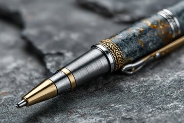 Elegant Luxury Pen with Intricate Design and Golden Accents on a Textured Background